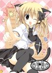  animal_ears bad_id bad_pixiv_id black_legwear blonde_hair candy cat_ears food hair_ribbon korie_riko one_eye_closed open_mouth original ribbon solo tail thighhighs 