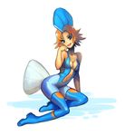  :d arm_support bare_shoulders blue_hair blush bodysuit boots breasts center_opening cleavage derlaine flipped_hair from_side full_body gen_3_pokemon happy head_fins head_tilt kneeling looking_at_viewer medium_breasts mudkip navel open_mouth orange_hair personification pokemon short_hair simple_background smile solo tail thigh_boots thighhighs watermark web_address white_background 