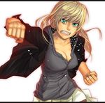  aqua_eyes bad_id bad_pixiv_id blonde_hair breasts cleavage clenched_hands clenched_teeth foreshortening large_breasts long_hair motion_blur mustard_seeds original punching sleeves_folded_up solo tears teeth yuuji_(and) 
