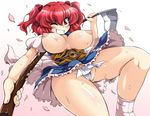  breasts breasts_apart fundoshi hair_bobbles hair_ornament japanese_clothes large_breasts nipples one_eye_closed onozuka_komachi petals red_eyes red_hair scythe short_hair solo sugiura touhou two_side_up 