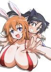  animal_ears black_hair blue_eyes breasts bunny_ears cat_ears charlotte_e_yeager francesca_lucchini gokkun_tororojiru green_eyes huge_breasts long_hair multiple_girls orange_hair slingshot_swimsuit strike_witches swimsuit twintails world_witches_series 