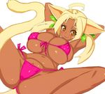  :3 ahoge animal_ears bad_id bad_pixiv_id bikini blonde_hair blush breasts brown_eyes character_request cleavage copyright_request covered_nipples dark_skin highres huge_breasts leaf long_hair micro_bikini oekaki solo spread_legs swimsuit tail vrkdh 