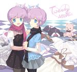  blue_eyes cat curly_hair dj_max dj_max_portable dress hair_ribbon ladymade_star moai_(aoh) multiple_girls pantyhose purple_hair ribbon scarf siblings side_ponytail sisters stuffed_animal stuffed_toy twins 