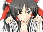 bad_id bad_pixiv_id bent_over black_hair blue_eyes blush bow breasts commentary_request hair_bow hakurei_reimu highres holding large_bow medium_breasts mikage_kirino naughty_face ofuda one_eye_closed smile solo topless touhou translation_request upper_body 