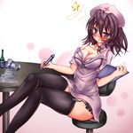  blush bra braid breasts brown_hair cleavage crossed_legs drunk garter_straps large_breasts legs lingerie monikano nurse original pen purple_eyes short_hair sitting solo thighhighs underwear zipper 