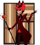  alastor_(character) antlers bow_tie chordata_flyer_(artist) demon drugs hazbin_hotel horn microphone opium pinstripe_suit pipe red_eyes sharp_teeth teeth 