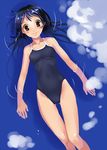  afloat black_hair brown_eyes cloud competition_school_swimsuit competition_swimsuit day from_above katahira_masashi lying on_back one-piece_swimsuit original reflection smile solo swimsuit water 