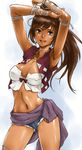  armpits arms_up blue_eyes breasts brown_hair choker cleavage dark_skin denim denim_shorts gus_(clarkii) long_hair medium_breasts midriff noloty_malche ponytail short_shorts shorts solo tan tatakau_shisho vest 