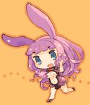  1girl animal_ears bare_legs blue_eyes breasts bunny_ears chibi long_hair medium_breasts melona mota navel nipples open_mouth pink_hair prehensile_hair queen's_blade solo 