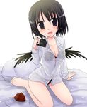  black_bra black_eyes black_hair black_panties blush bra camera collarbone hat hat_removed headwear_removed kazami_ruku lingerie looking_at_viewer open_mouth panties pillow see-through shameimaru_aya sitting smile solo tokin_hat touhou underwear wariza wings 