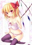  black_legwear blonde_hair bow flandre_scarlet hair_bow lingerie nail_polish nullken red_eyes red_nails short_hair side_ponytail solo thighhighs touhou underwear underwear_only wings 