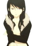  black_hair black_jacket borrowed_garments breast_hold breasts brown_eyes covering durarara!! eyelashes fur-trimmed_jacket fur_trim jacket long_hair long_sleeves looking_at_viewer medium_breasts naked_coat nanananona no_bra open_clothes open_jacket parted_lips simple_background small_breasts smile solo upper_body white_background yagiri_namie 
