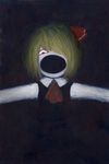  blonde_hair bloodshot_eyes dark hair_over_one_eye horror_(theme) kakoi open_mouth outstretched_arms red_eyes ribbon rumia solo spread_arms touhou traditional_media 