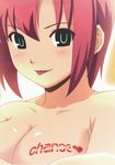  :p blush bodypaint breasts cleavage green_eyes highres koutaro large_breasts pink_hair rio_rollins short_hair solo super_blackjack tongue tongue_out 