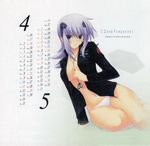  arm_support between_breasts blue_eyes breasts calendar_(medium) cryska_barchenowa dog_tags hair_ornament highres jewelry large_breasts long_hair miyata_sou muvluv muvluv_alternative muvluv_total_eclipse navel necklace no_pants open_clothes open_shirt panties purple_hair scan shirt sitting solo thigh_gap underwear white_panties 