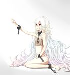  albino azure_luna bare_shoulders barefoot bdsm between_thighs bondage bottomless bound chain cuffs flat_chest highres long_hair midriff navel original outstretched_arm outstretched_hand reaching red_eyes sitting slave solo very_long_hair white_hair 