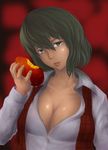  bad_id bad_pixiv_id breasts cleavage eating food fruit green_eyes green_hair head_tilt kazami_yuuka large_breasts lips mango open_clothes open_shirt plaid plaid_vest shirt short_hair solo toritora touhou upper_body vest wet 