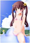  bad_id bad_pixiv_id bikini blush brown_eyes brown_hair cloud day flat_chest flower frilled_bikini frills highres inflatable_dolphin inflatable_toy long_hair multiple_girls navel noto_(soranoto) original riding sky striped striped_bikini sunflower swimsuit twintails 