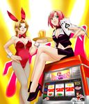  alcohol animal_ears artist_request beer blonde_hair blue_eyes bow bowtie breasts bunny_ears bunny_girl bunnysuit card cleavage crossed_legs croupier fishnet_pantyhose fishnets hand_on_hip high_heels holding holding_card large_breasts legs multiple_girls navel pantyhose red_hair rio_rollins shoes sitting slot_machine super_blackjack tiffany_abbott tray 