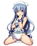  blue_hair bracelet dress dress_lift highres ikamusume jewelry long_hair monster_girl one-piece_swimsuit shinryaku!_ikamusume solo swimsuit swimsuit_under_clothes tabigarasu tentacles thighs very_long_hair 