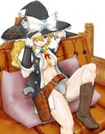  abs alternate_costume bad_id bad_pixiv_id belt beltskirt between_breasts blonde_hair boots bow bow_panties braid breasts bridal_gauntlets couch cowboy_boots gun hair_over_one_eye handgun hat hat_tip holster kirisame_marisa long_hair medium_breasts no_bra no_pants open_clothes panties revolver roppa solo spurs touhou underboob underwear weapon western witch_hat 