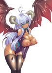  ahoge aqua_eyes bad_id bad_pixiv_id bat_wings black_legwear blush breastless_clothes breasts cleavage copyright_request dark_skin demon_girl elbow_gloves eyebrows_visible_through_hair gloves hakai_shin highres horns huge_breasts leaning_forward long_hair nipples puffy_nipples silver_hair simple_background solo succubus tail thighhighs wings 