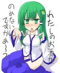  bangs green_eyes green_hair kazami_ruku kochiya_sanae long_hair solo touhou translated 