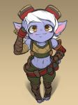  2015 athletic clothed clothing ear_piercing explosives eyewear female fingerless_gloves flat_chested gloves goggles grenade hair invalid_tag league_of_legends looking_at_viewer navel nestkeeper not_furry piercing purple_skin riot_games salute short_stack smile solo tristana_(lol) video_games weapon white_hair wide_hips yellow_eyes yordle 