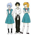  2girls ahoge ayanami_rei black_hair bow bowtie crossed_arms full_body gen hands_clasped ikari_shinji long_hair looking_away lowres multiple_girls neon_genesis_evangelion nervous orange_hair own_hands_together red_bow red_neckwear silver_hair souryuu_asuka_langley standing 