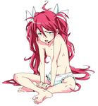  9aki barefoot blue_eyes bow bow_panties flat_chest freckles long_hair nipples open_mouth original panties red_hair sitting solo topless underwear underwear_only very_long_hair white_panties 