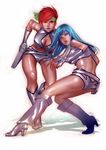  80s bad_id bad_pixiv_id blue_eyes blue_hair boots dirty_pair energy_gun gloves gun handgun headband kei_(dirty_pair) knee_boots long_hair multiple_girls oldschool ray_gun realistic red_hair sakakibara_mizuki shiny short_hair simple_background weapon yuri_(dirty_pair) 