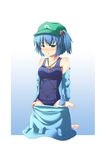  aoinu bare_shoulders bdsm blue_hair blush bondage bound bow crotch_rope green_eyes hair_bow hat highres kawashiro_nitori key naughty_face one-piece_swimsuit open_clothes open_shirt rope school_swimsuit shibari shibari_over_clothes shibari_under_clothes shirt short_hair skirt skirt_pull solo swimsuit swimsuit_under_clothes tongue touhou twintails two_side_up undressing 