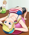  1girl :&lt; america arched_back armpits arms_behind_head ball barefoot bike_shorts blonde_hair blue_eyes blush breasts brown_hair covered_nipples crotch_rub exercise_ball heroman joey_jones lina_davis medium_breasts otoko_no_ko shirt straddling sweat tied_shirt tomatto_(@ma!) translated upside-down 