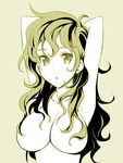  :o armpits arms_behind_head breasts copyright_request green green_background hair_censor hair_over_breasts himura_kiseki large_breasts long_hair looking_at_viewer messy_hair monochrome no_nipples nude simple_background solo upper_body 