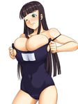  black_hair breasts bursting_breasts cleavage dressing huge_breasts inconvenient_breasts kawanuma_uotsuri long_hair one-piece_swimsuit original school_swimsuit solo swimsuit undersized_clothes 