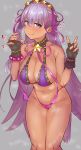  1girl bangs bb_(fate)_(all) bb_(swimsuit_mooncancer)_(fate) bikini black_gloves blunt_bangs breasts cleavage commentary_request cowboy_shot eyebrows_visible_through_hair fate/grand_order fate_(series) fingerless_gloves gloves grey_background gyaru hair_ornament hairband highleg highleg_bikini highres large_breasts leotard long_hair navel purple_bikini purple_eyes purple_hair purple_ribbon reinoenu_(anon) ribbon smile solo star star_hair_ornament swimsuit tan very_long_hair 