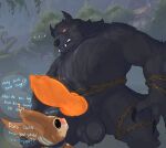  anthro balls big_balls big_penis black_body black_fur blush bodily_fluids brown_body brown_fur canid canine canis chain claws dialogue drooling duo fangs fenrir_(smite) fur genitals glowing glowing_eyes glowing_genitalia glowing_penis hi_res himerosthegod jungle knot magic male male/male mammal penis penis_admiration ratatoskr_(smite) rodent saliva sciurid size_difference throbbing_penis wolf 