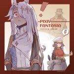  ! animal_ears bird black_hair border chain echo_church_leah_(pfsoz) frown grey_pants hair_between_eyes hair_over_one_eye highres liz_molder long_hair multicolored_hair pants pixiv_fantasia pixiv_fantasia_scepter_of_zeraldia potion prosthesis prosthetic_arm rabbit_ears red_eyes red_shirt shirt spoken_food standing streaked_hair white_hair yuushoku 