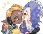  2girls :d bare_shoulders big_man_(splatoon) blonde_hair blue_hair breasts cellphone chest_sarashi colored_eyelashes colored_tongue cross-shaped_pupils dark-skinned_female dark_skin earrings flip_phone food food_on_head frye_(splatoon) hachimaki hair_over_one_eye headband highres holding holding_phone inkling jellyfish_(splatoon) jewelry long_hair looking_at_another medium_breasts multicolored_hair multiple_earrings multiple_girls nejiri_hachimaki object_on_head octarian open_mouth phone plum0o0 pointy_ears purple_hair purple_tongue red_eyes sarashi see-through shiver_(splatoon) sleeveless smile splatoon_(series) splatoon_3 suction_cups tempura tentacle_hair too_many turtleneck two-tone_hair yellow_eyes yellow_pupils 