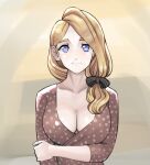  1girl arm_under_breasts babusgames blonde_hair blue_eyes bow breasts brown_background brown_dress cleavage collarbone dress fire_emblem fire_emblem:_three_houses hair_bow hair_over_shoulder large_breasts looking_at_viewer low_ponytail mercedes_von_martritz polka_dot polka_dot_dress smile solo upper_body 