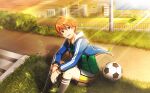  1boy aoi_kyosuke ball black_socks building bush falling_leaves fingernails grass hair_between_eyes highres hood hoodie idolmaster idolmaster_side-m jacket leaf long_sleeves looking_at_viewer male_focus official_art open_mouth orange_eyes orange_hair shorts sitting smile soccer_ball socks striped striped_jacket striped_socks sunlight 