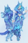  accessory ansart anthro armor belt blue_body blue_fur blue_hair canid canine canis clothing coat crystal crystal_maiden_wolf_persona dota female feral fur group hair hi_res human ice jewelry long_hair mammal necklace robe rylai_the_crystal_maiden topwear transformation trio video_games wolf 