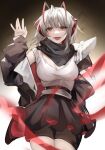  1girl ahoge antennae arknights bangs black_jacket black_shorts chinese_commentary commentary_request demon_horns grey_hair grey_tank_top highres horns jacket official_alternate_costume open_clothes open_jacket open_mouth orange_eyes shorts tabayashi tank_top w_(arknights) waving 
