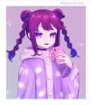  3rd_rb bow braid buttons candy cellphone choker denonbu double_bun food hair_bow hair_bun hair_ornament highres holding hood hoodie inubousaki_shian long_sleeves looking_at_viewer open_mouth phone pill purple_eyes purple_hair purple_hoodie sharp_teeth smartphone teeth twin_braids upper_body 