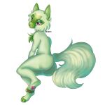  4_toes anthro apno archived_source breast_play breasts butt cheek_tuft facial_tuft feet female fur generation_9_pokemon green_body green_fur green_tail hi_res long_tail looking_at_viewer nintendo pawpads pink_eyes pink_nose pokemon pokemon_(species) simple_background solo sprigatito tail_tuft toes tuft video_games white_background 