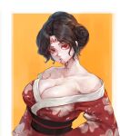  1girl bangs black_sash border breasts brown_hair cleavage closed_mouth commentary commission english_commentary floral_print forehead_tattoo highres japanese_clothes kimono large_breasts lip_piercing long_sleeves looking_at_viewer medium_hair neck_tattoo obi obijime original outside_border parted_bangs piercing print_kimono red_eyes red_kimono sash solo tattoo tezy8art upper_body white_border wide_sleeves yellow_background 