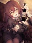  1girl :d alcohol bangs blush bottle breasts commentary dress eden_(honkai_impact) hair_between_eyes hair_ornament highres holding holding_bottle honkai_(series) honkai_impact_3rd indoors large_breasts long_hair looking_at_viewer miro open_mouth pantyhose sitting smile solo wine_bottle yellow_eyes 