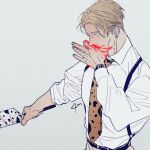  1boy animal_print blonde_hair blood blood_on_face blue_eyes collared_shirt holding holding_weapon jujutsu_kaisen leopard_print long_sleeves male_focus moyashi_(narukami) nanami_kento necktie shirt short_hair sleeves_rolled_up solo suspenders upper_body weapon white_shirt yellow_necktie 