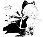  1girl ahoge artist_name blush bow cirno closed_mouth dated dress fairy greyscale hair_bow ice ice_wings monochrome shirt short_hair short_sleeves signature simple_background siyumu solo touhou white_background wings 