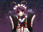  1girl antennae arms_up arthropod_girl black_kimono blood blood_on_clothes blood_on_face commentary_request double_bun drooling entoma_vasilissa_zeta extra_pupils fangs hair_bun heavy_breathing japanese_clothes kimono light_smile looking_at_viewer maid maid_headdress monster_girl overlord_(maruyama) purple_background purple_hair red_eyes ribbon rose_annu short_hair silk simple_background skin_fangs sleeves_past_wrists spider_web upper_body 